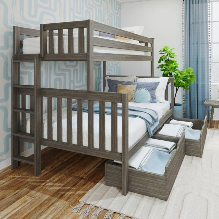 Max And Lily Twin Over Full Bunk Bed With Storage And Ladder On End Clay Room Scene 1 Max and Lily Twin over Full Bunk Bed with Storage and Ladder on End in Clay - angled bedroom view with the under-bed storage drawers pulled open and a ladder at the end.