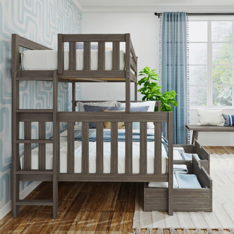 Max And Lily Twin Over Full Bunk Bed With Storage And Ladder On End Clay Room Scene 6 Max and Lily Twin over Full Bunk Bed with Storage and Ladder on End in Clay - angled bedroom view with the storage drawers open beside a window.