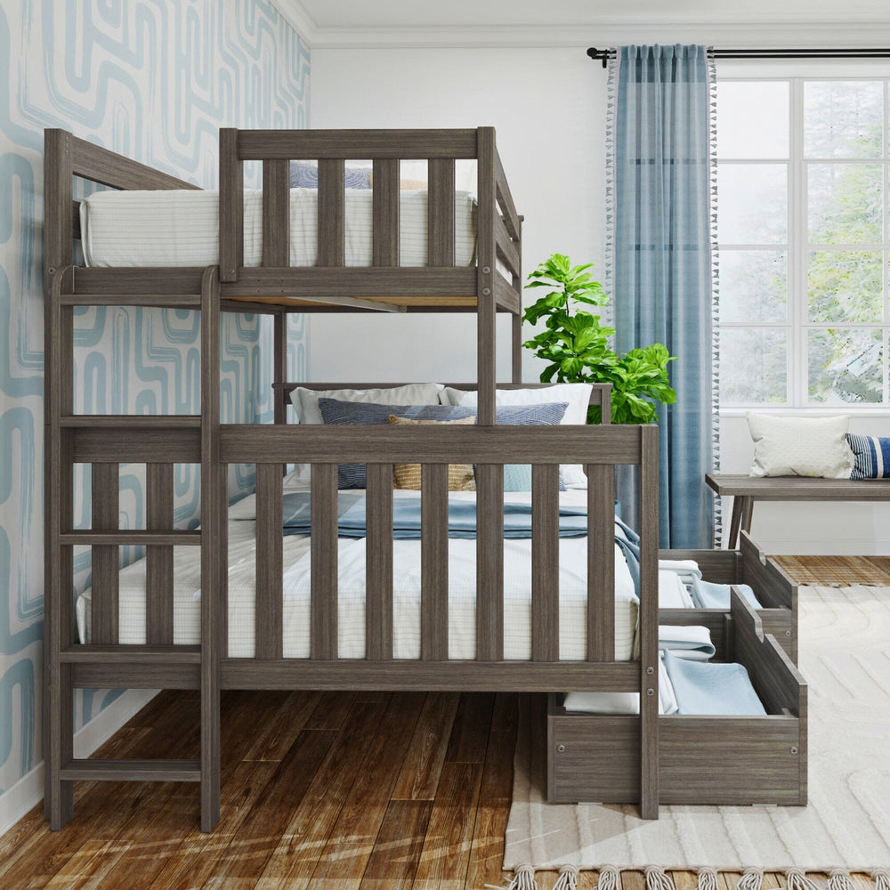 Max And Lily Twin Over Full Bunk Bed With Storage And Ladder On End Clay Room Scene 6 Max and Lily Twin over Full Bunk Bed with Storage and Ladder on End in Clay - angled bedroom view with the storage drawers open beside a window.