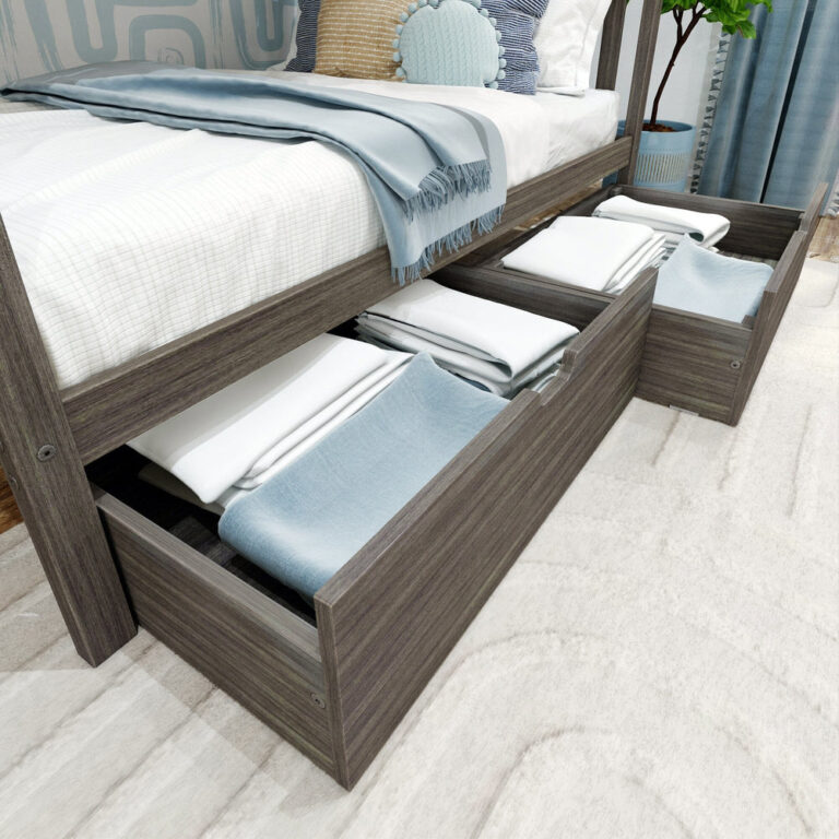Max And Lily Twin Over Full Bunk Bed With Storage And Ladder On End Clay Storage Drawers Open Max and Lily Twin over Full Bunk Bed with Storage and Ladder on End in Clay - close-up of the two under-bed storage drawers open and filled with folded linens.