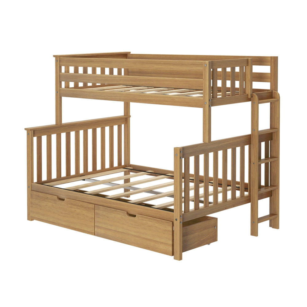 Max And Lily Twin Over Full Bunk Bed With Storage And Ladder On End Pecan Angle View Max and Lily Twin over Full Bunk Bed with Storage and Ladder on End in Pecan - angled studio view of the bare frame showing the slat supports, end ladder and two under-bed storage drawers.