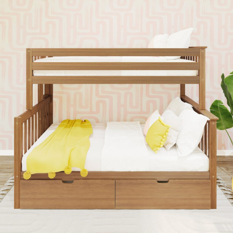Max And Lily Twin Over Full Bunk Bed With Storage And Ladder On End Pecan Front View Max and Lily Twin over Full Bunk Bed with Storage and Ladder on End in Pecan - front view of the made-up beds with guardrails on the upper bunk and two storage drawers closed at the base.