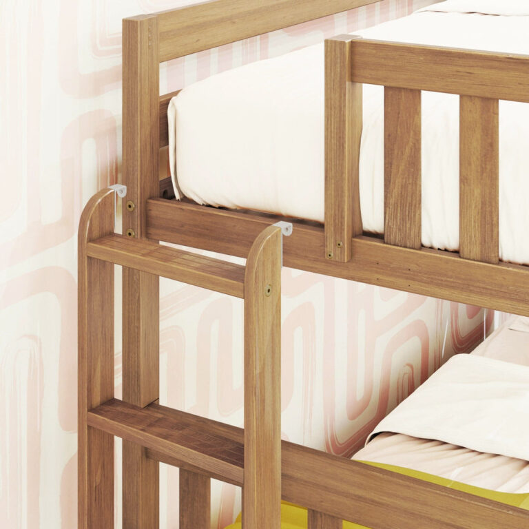 Max And Lily Twin Over Full Bunk Bed With Storage And Ladder On End Pecan Ladder Detail 5 Max and Lily Twin over Full Bunk Bed with Storage and Ladder on End in Pecan - detail of the end ladder and the junction where it meets the upper bunk guardrail.