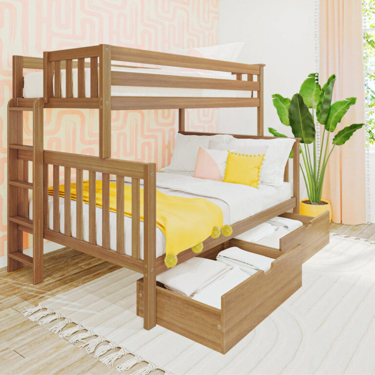 Max And Lily Twin Over Full Bunk Bed With Storage And Ladder On End Pecan Room Scene 1 Max and Lily Twin over Full Bunk Bed with Storage and Ladder on End in Pecan - angled view in a styled bedroom with the ladder on the end and under-bed storage drawers pulled open to show folded linens.