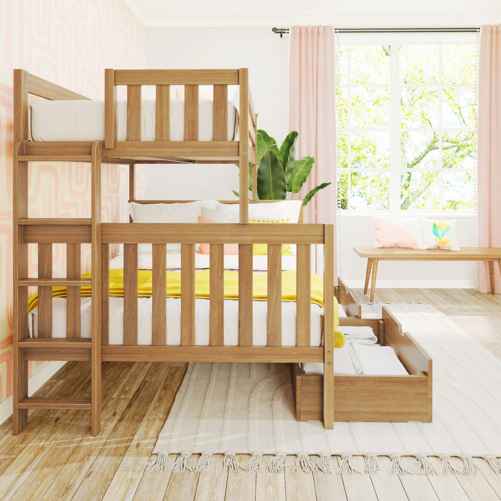 Max And Lily Twin Over Full Bunk Bed With Storage And Ladder On End Pecan Room Scene 6 Max and Lily Twin over Full Bunk Bed with Storage and Ladder on End in Pecan - full bedroom scene with a bright window, curtains, the end ladder and an under-bed storage drawer open.