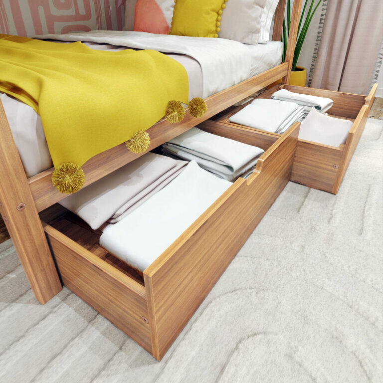 Max And Lily Twin Over Full Bunk Bed With Storage And Ladder On End Pecan Storage Drawers Open Max and Lily Twin over Full Bunk Bed with Storage and Ladder on End in Pecan - close-up of the two under-bed storage drawers pulled open and filled with folded white bedding.