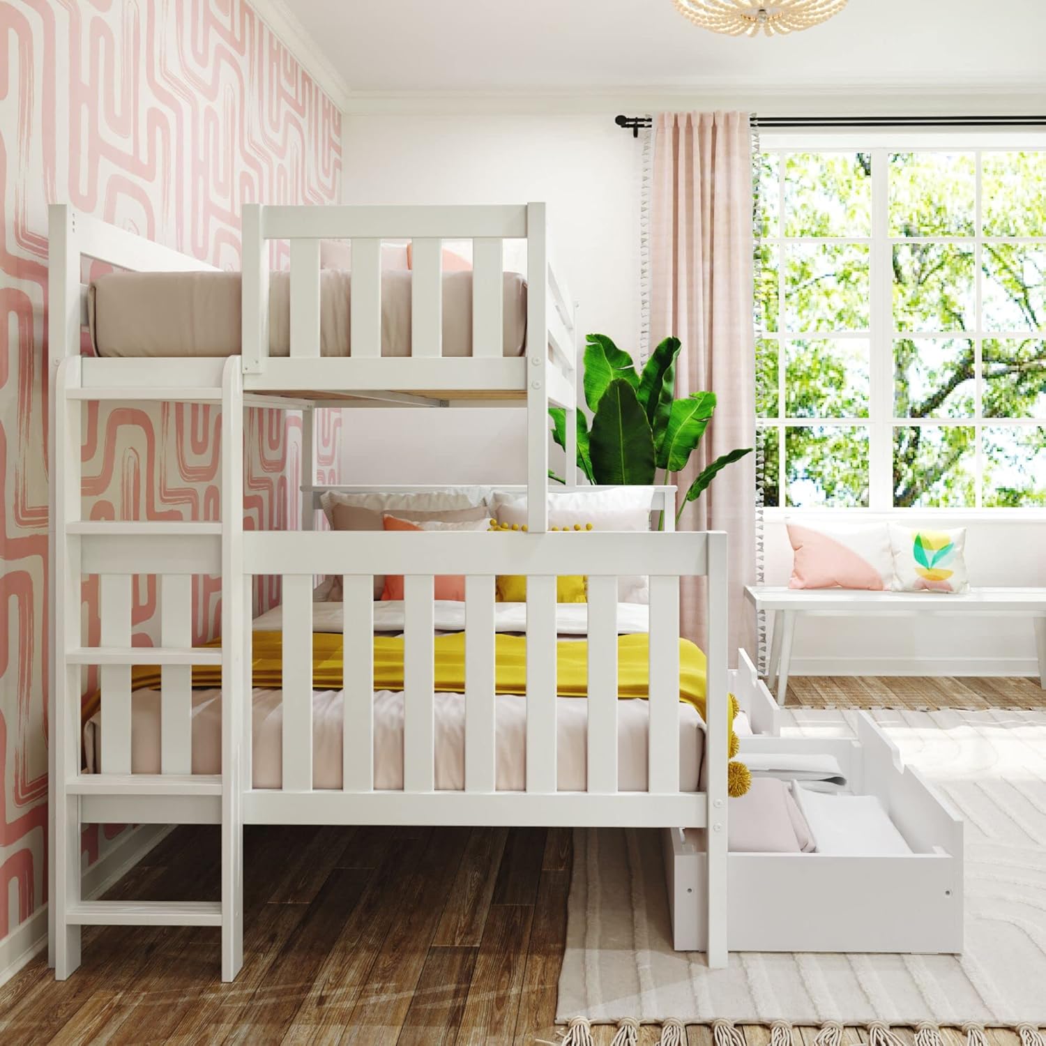 Max And Lily Twin Over Full Bunk Bed With Storage And Ladder On End Room Scene 4 Max and Lily Twin over Full Bunk Bed with Storage and Ladder on End - room scene in a pink bedroom with the end ladder, both storage drawers pulled open, and a sunny window