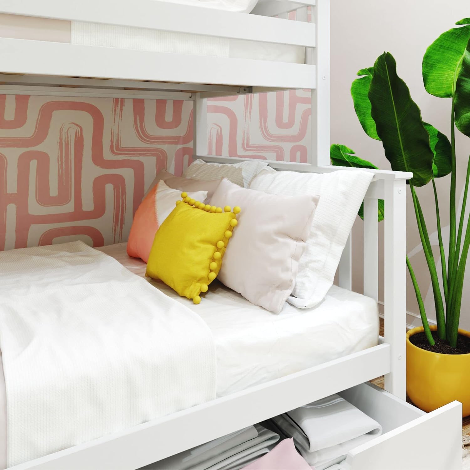Max And Lily Twin Over Full Bunk Bed With Storage And Ladder On End Storage Drawer Open Max and Lily Twin over Full Bunk Bed with Storage and Ladder on End - close-up of the lower full bunk with an open under-bed storage drawer holding folded linens