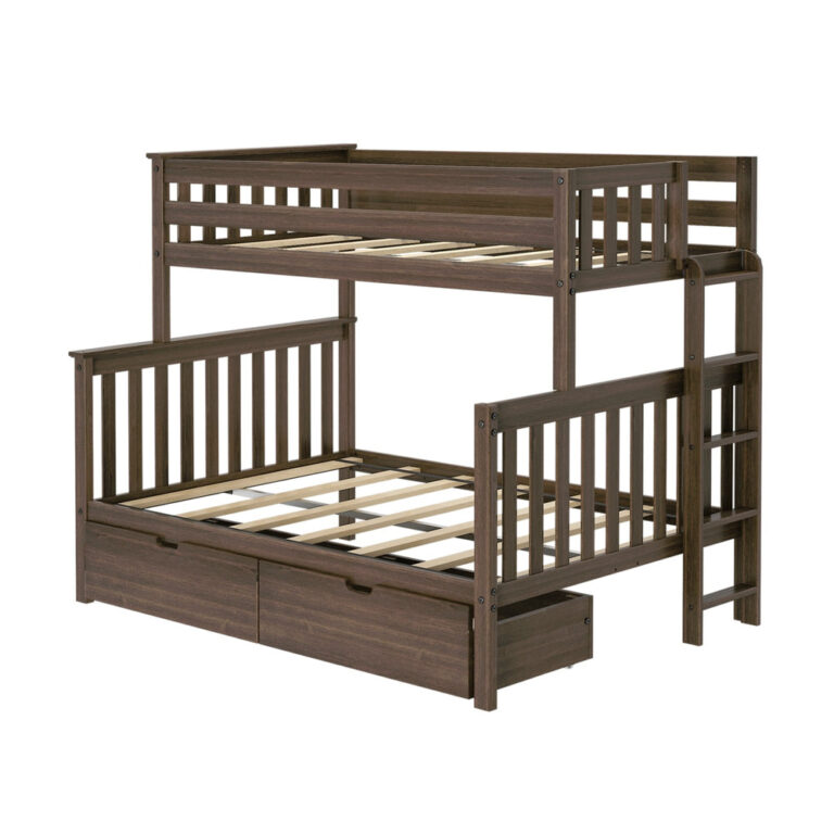 Max And Lily Twin Over Full Bunk Bed With Storage And Ladder On End Walnut Angle View Max and Lily Twin over Full Bunk Bed with Storage and Ladder on End in Walnut - angled product view showing the wood slat supports, end ladder and one open storage drawer.