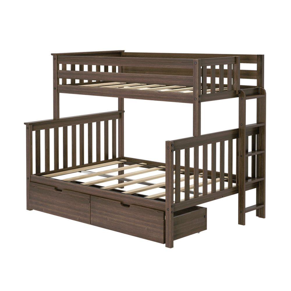 Max And Lily Twin Over Full Bunk Bed With Storage And Ladder On End Walnut Angle View Max and Lily Twin over Full Bunk Bed with Storage and Ladder on End in Walnut - angled product view showing the wood slat supports, end ladder and one open storage drawer.