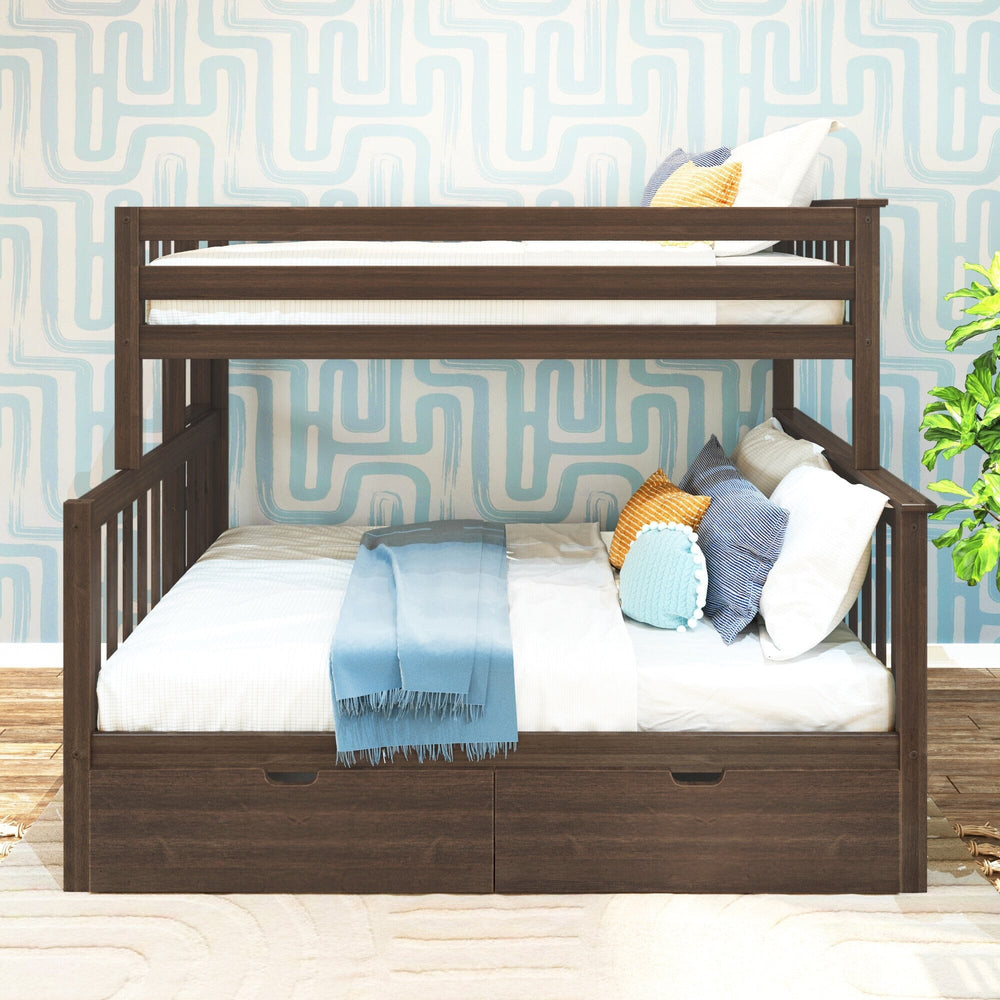 Max And Lily Twin Over Full Bunk Bed With Storage And Ladder On End Walnut Front View Max and Lily Twin over Full Bunk Bed with Storage and Ladder on End in Walnut - front view with bedding and pillows and closed under-bed storage drawers.