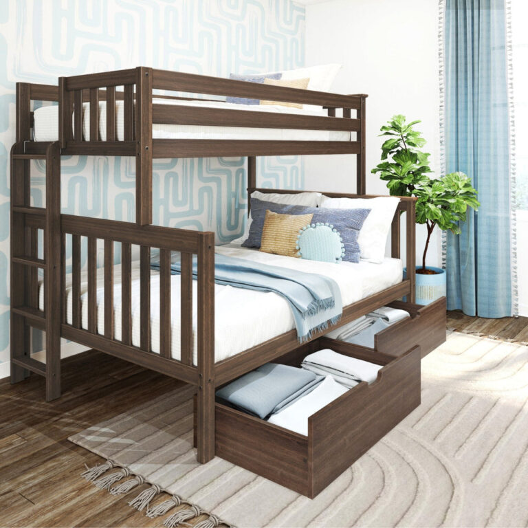 Max And Lily Twin Over Full Bunk Bed With Storage And Ladder On End Walnut Room Scene 1 Max and Lily Twin over Full Bunk Bed with Storage and Ladder on End in Walnut - styled bedroom scene with the under-bed storage drawers pulled open and the ladder on the end.