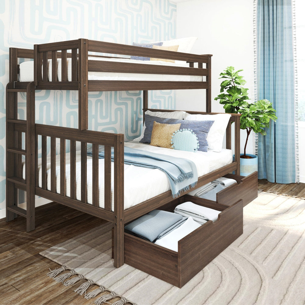 Max And Lily Twin Over Full Bunk Bed With Storage And Ladder On End Walnut Room Scene 1 Max and Lily Twin over Full Bunk Bed with Storage and Ladder on End in Walnut - styled bedroom scene with the under-bed storage drawers pulled open and the ladder on the end.
