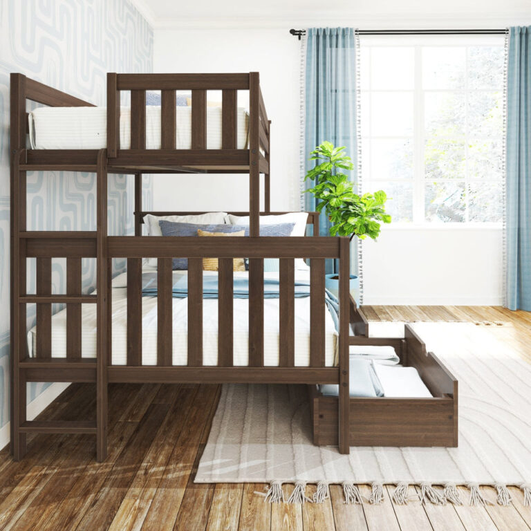 Max And Lily Twin Over Full Bunk Bed With Storage And Ladder On End Walnut Room Scene 6 Max and Lily Twin over Full Bunk Bed with Storage and Ladder on End in Walnut - bedroom scene by a bright window with an open under-bed storage drawer.