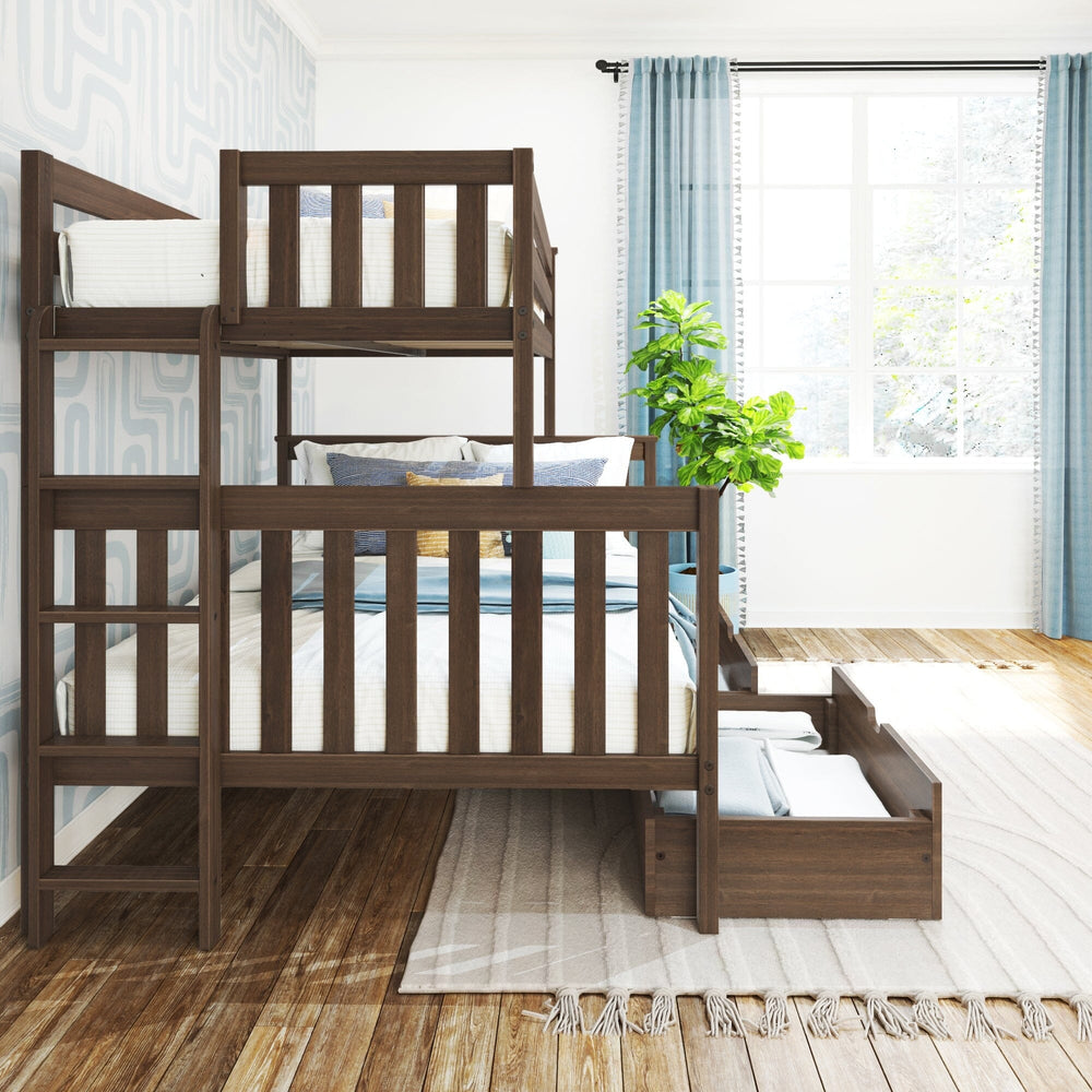 Max And Lily Twin Over Full Bunk Bed With Storage And Ladder On End Walnut Room Scene 6 Max and Lily Twin over Full Bunk Bed with Storage and Ladder on End in Walnut - bedroom scene by a bright window with an open under-bed storage drawer.