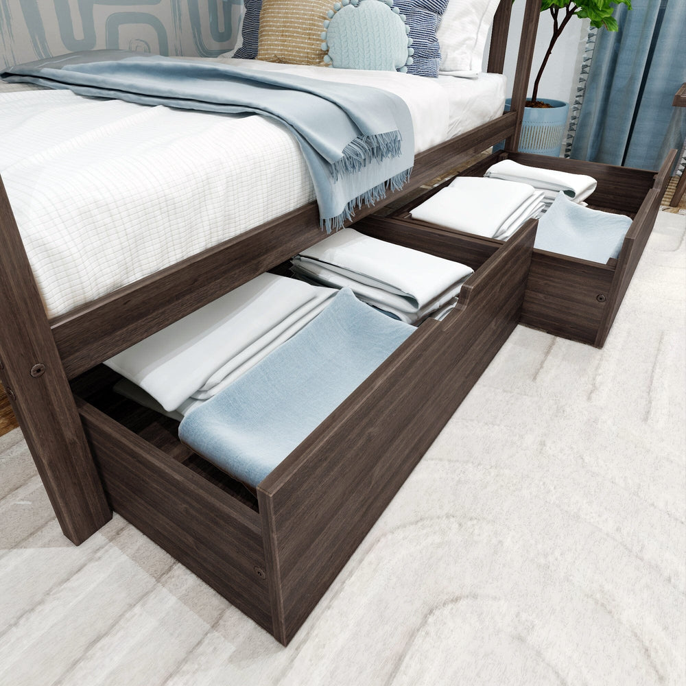 Max And Lily Twin Over Full Bunk Bed With Storage And Ladder On End Walnut Storage Drawers Open Max and Lily Twin over Full Bunk Bed with Storage and Ladder on End in Walnut - close-up of the two under-bed storage drawers pulled open and filled with folded linens.