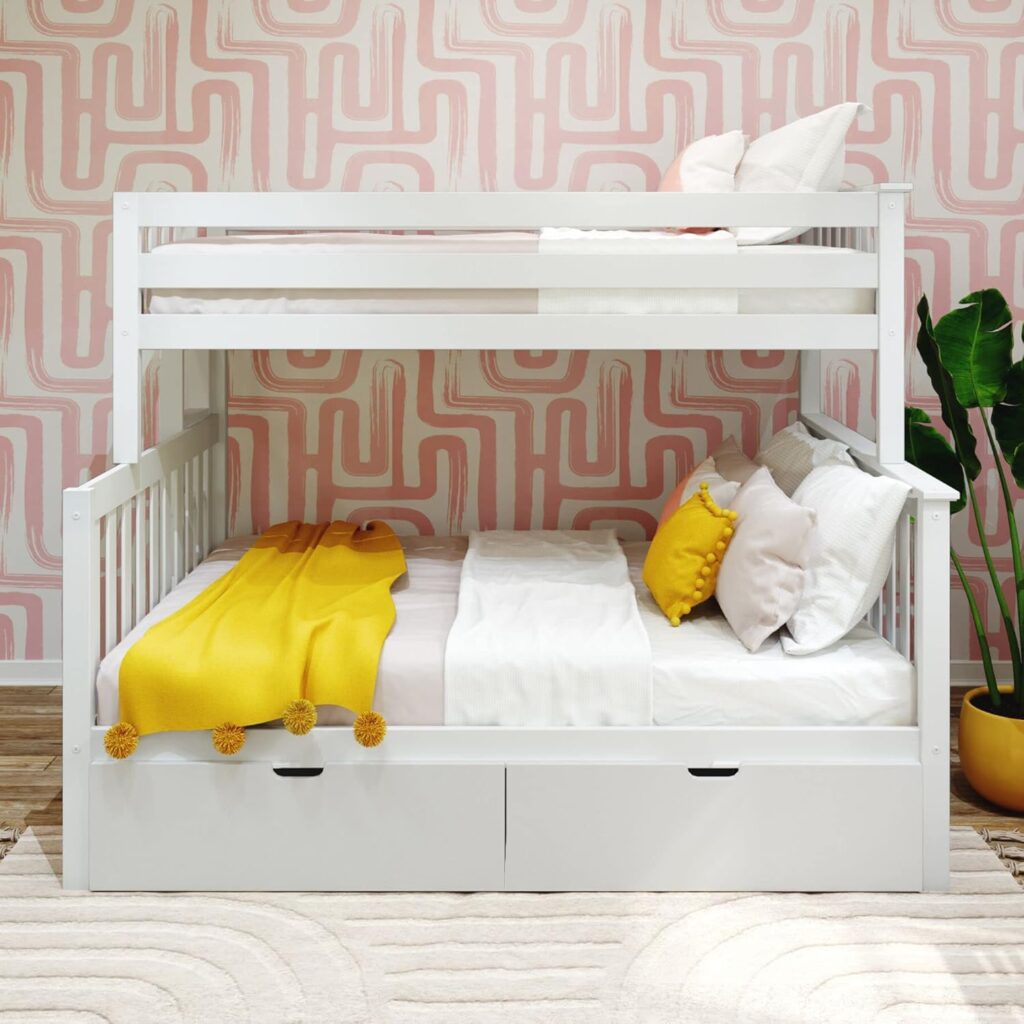 Max and Lily Twin over Full Bunk Bed with Storage and Ladder on End in White - styled bedroom showing the full-size lower bunk, upper guardrails, and two storage drawers underneath