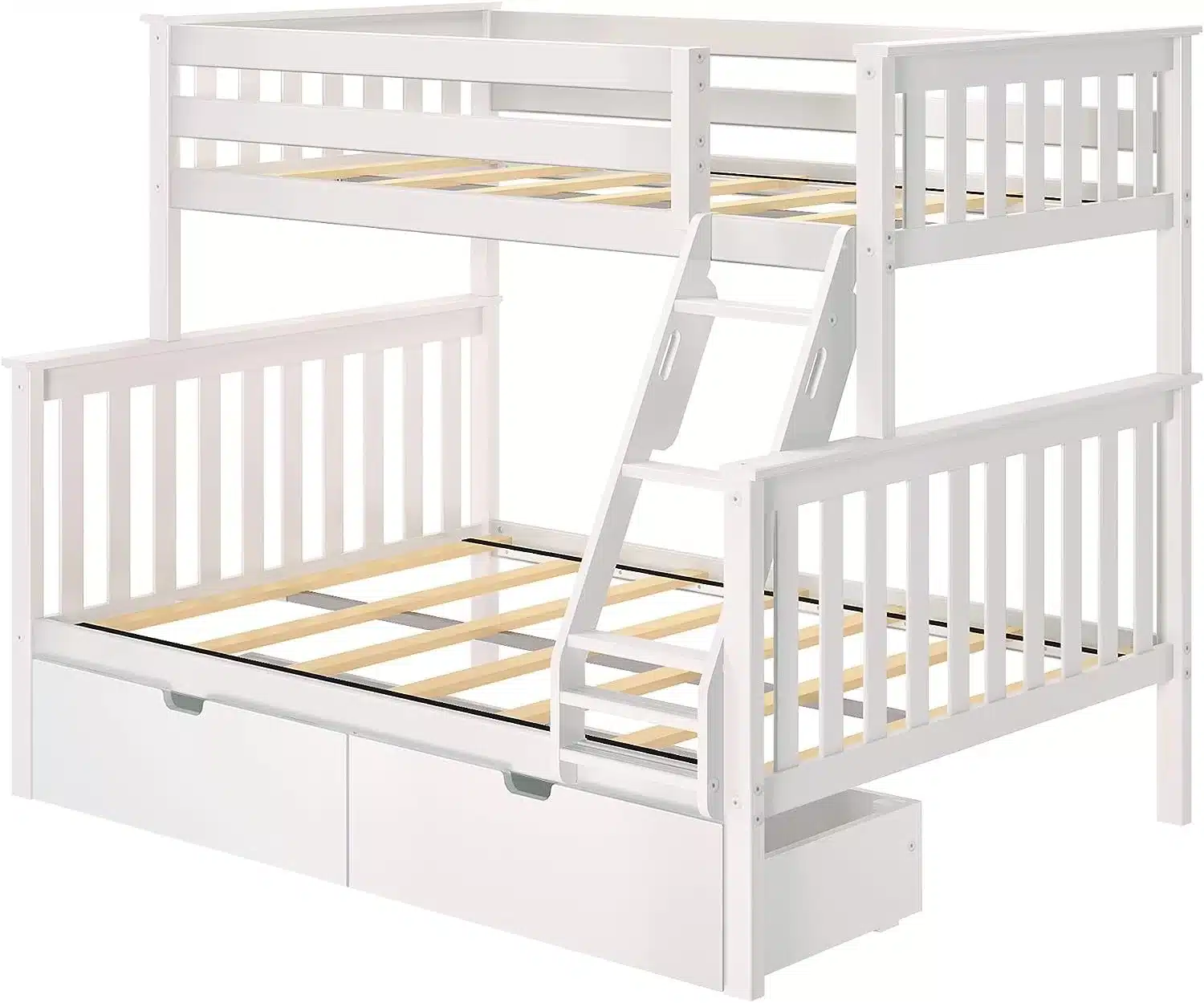 Max And Lily Twin Over Full Bunk Bed With Storage Angle View Max and Lily Twin Over Full Bunk Bed with Storage - angle view of the bare frame showing safety guardrails, angled ladder, wooden slats and two under bed storage drawers