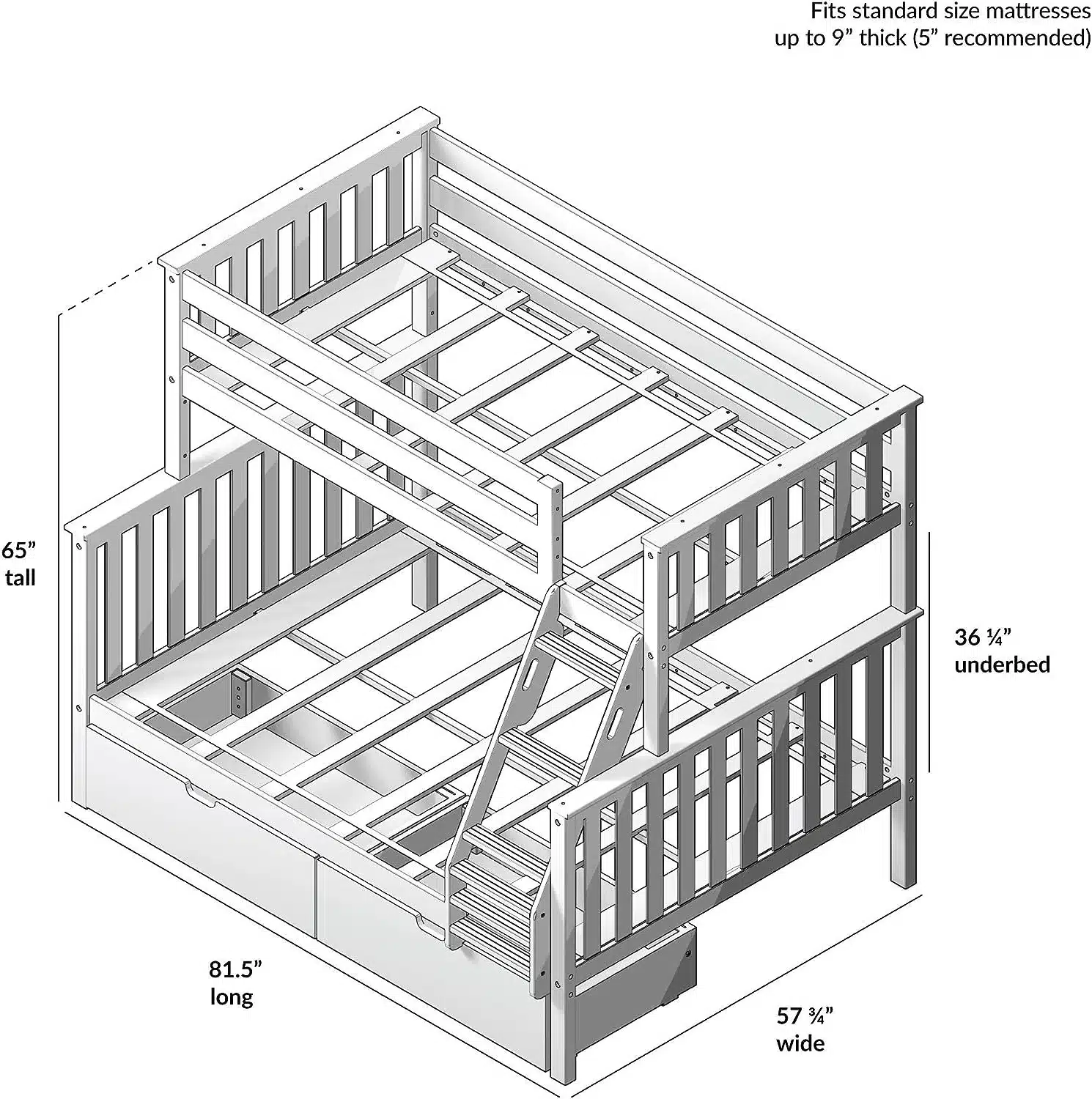 Max And Lily Twin Over Full Bunk Bed With Storage Dimensions Diagram 34380 Max and Lily Twin Over Full Bunk Bed with Storage - dimensions diagram showing 65 inches tall, 81.5 inches long, 57.75 inches wide with 36.25 inch underbed clearance