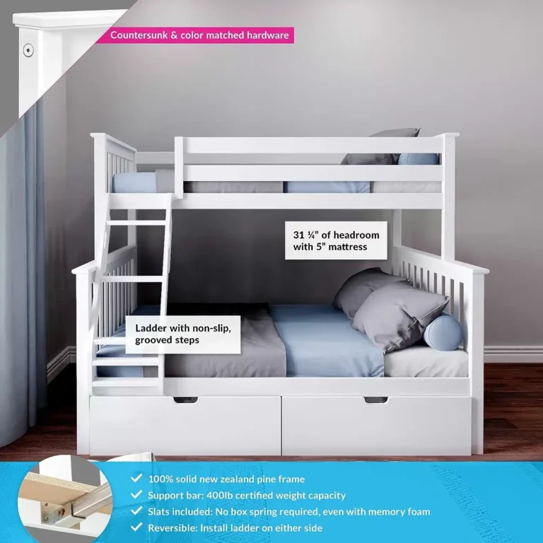 Max And Lily Twin Over Full Bunk Bed With Storage Features Diagram Max and Lily Twin Over Full Bunk Bed with Storage - feature callouts highlighting non-slip grooved ladder steps, 31 inch headroom, solid pine frame, 400 lb weight capacity and included slats