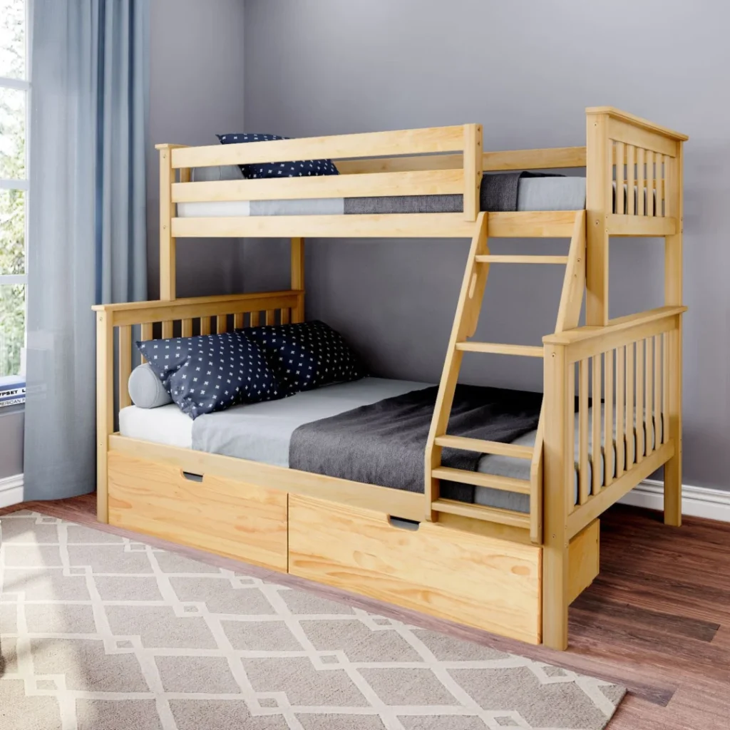 Max and Lily Twin Over Full Bunk Bed with Storage in Natural - bunk bed in a bedroom with safety guardrails, angled ladder, and two under-bed storage drawers