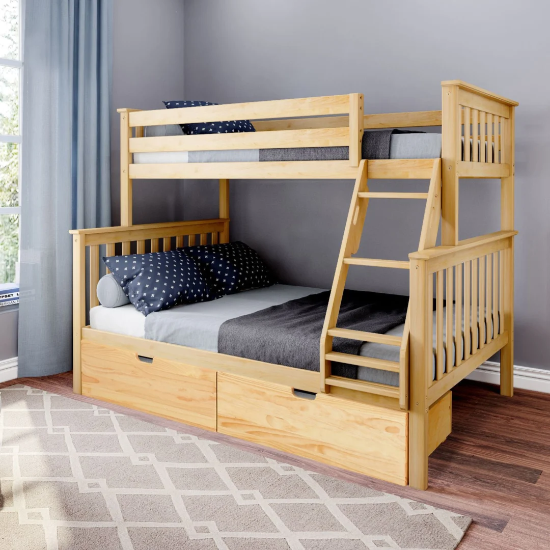 Max and Lily Twin Over Full Bunk Bed with Storage in Natural - bunk bed in a bedroom with safety guardrails, angled ladder, and two under-bed storage drawers