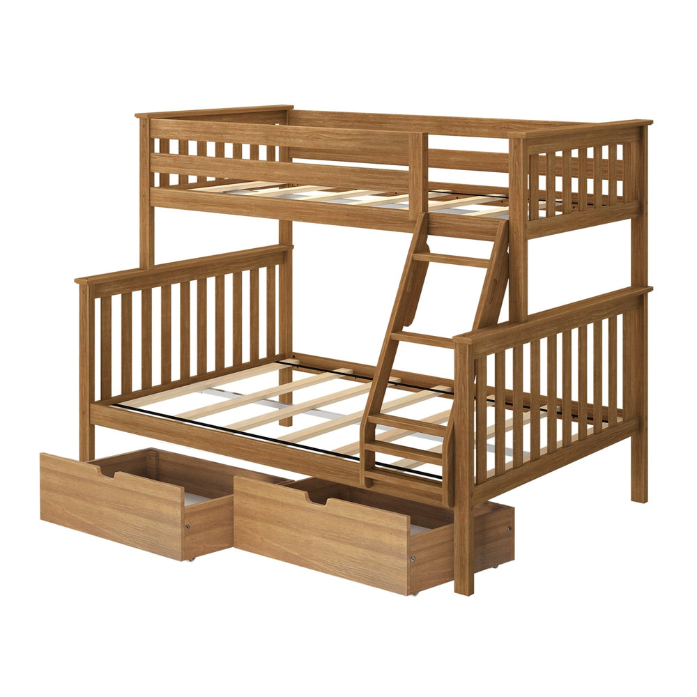 Max And Lily Twin Over Full Bunk Bed With Storage Pecan Angle View Max and Lily Twin Over Full Bunk Bed with Storage in Pecan - product angle view showing slat support, guardrails, angled ladder, and two under-bed storage drawers