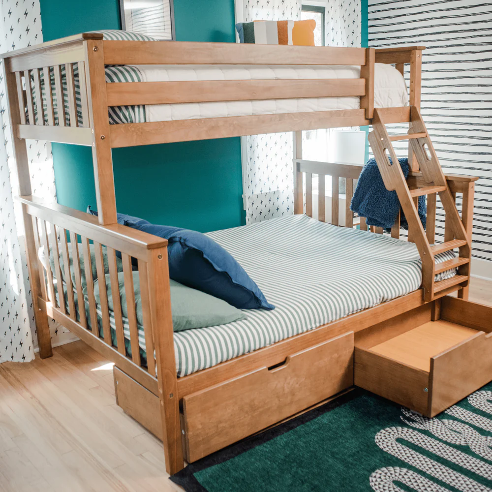 Max And Lily Twin Over Full Bunk Bed With Storage Pecan Room Scene Drawers Open Max and Lily Twin Over Full Bunk Bed with Storage in Pecan - angled view in a kids' room showing the ladder, safety guardrails, and both under-bed storage drawers pulled open