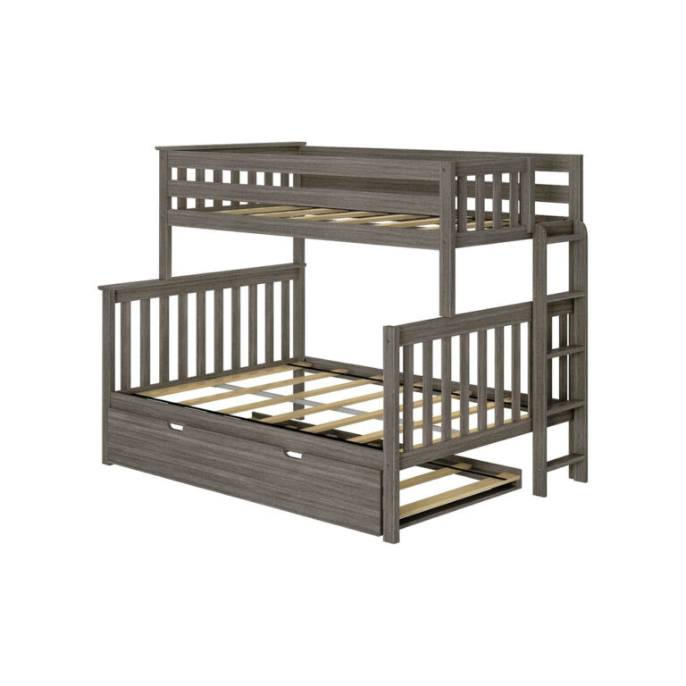 Max and Lily Twin Over Full Bunk Bed With Trundle and Ladder on End in clay - studio angle view with mattresses removed, showing the slatted platforms, end ladder, and pull-out trundle.