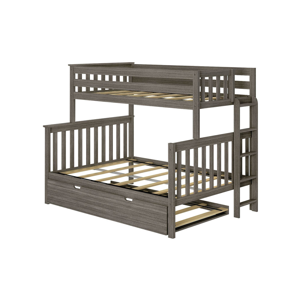 Max and Lily Twin Over Full Bunk Bed With Trundle and Ladder on End in clay - studio angle view with mattresses removed, showing the slatted platforms, end ladder, and pull-out trundle.