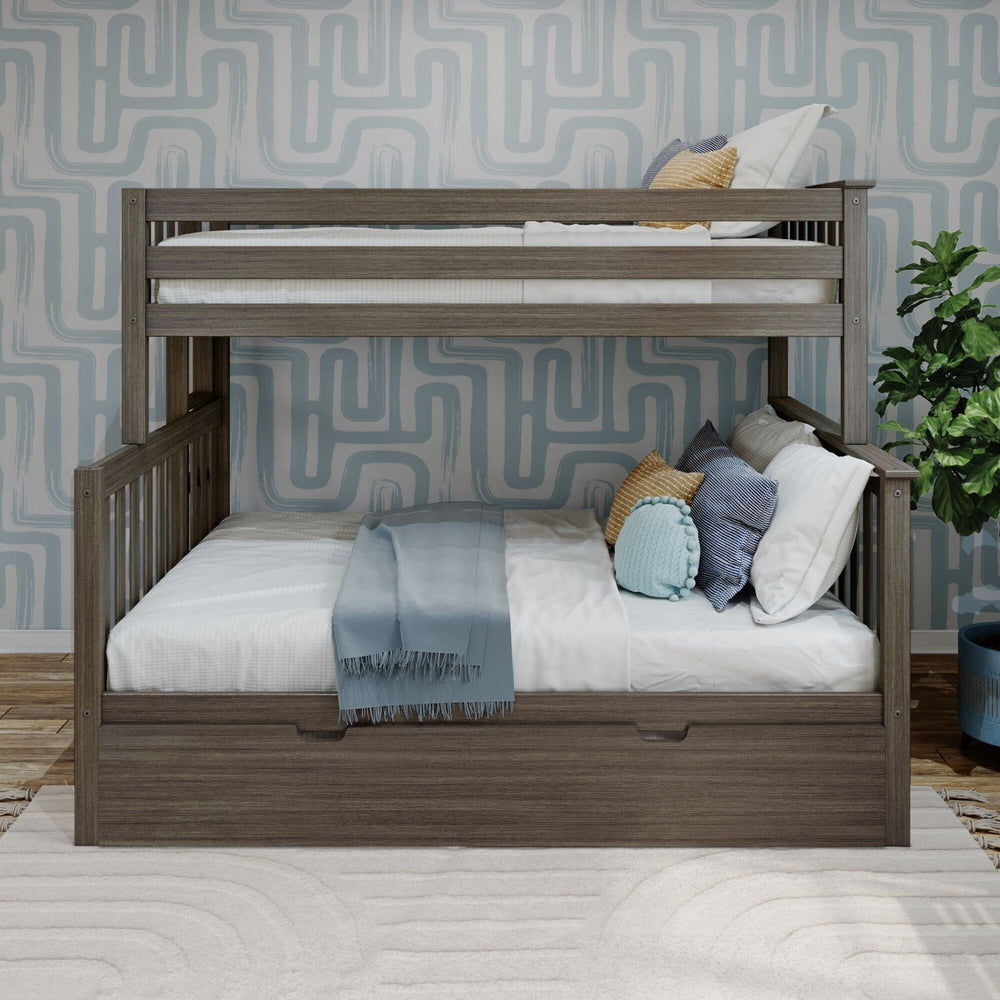 Max and Lily Twin Over Full Bunk Bed With Trundle and Ladder on End in clay - front view showing the twin bunk over the full lower bed with pillows and the trundle stored underneath.