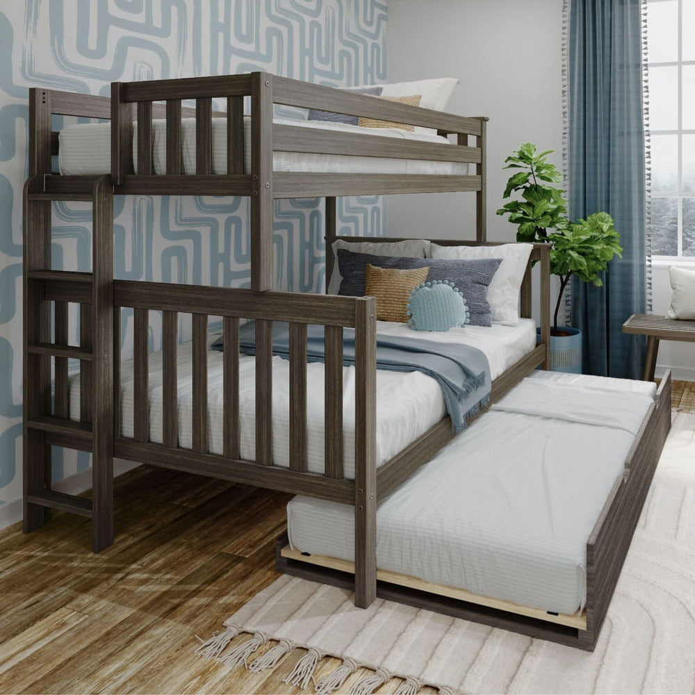 Max and Lily Twin Over Full Bunk Bed With Trundle and Ladder on End in clay - angled room scene with the twin-size trundle pulled out and the ladder mounted on the end.