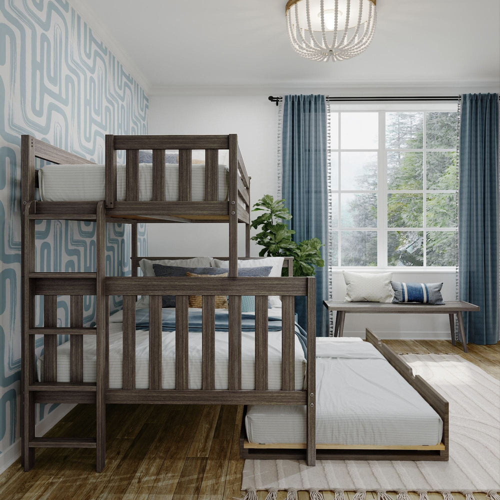 Max and Lily Twin Over Full Bunk Bed With Trundle and Ladder on End in clay - styled bedroom scene with the twin trundle bed pulled out beside the lower full bed and the ladder on the end.