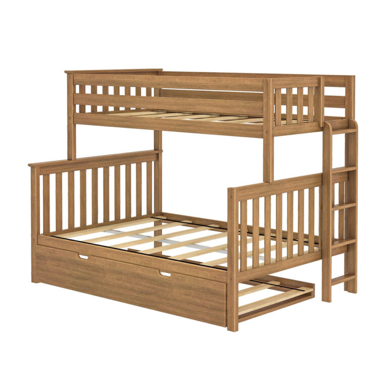 Max and Lily Twin Over Full Bunk Bed With Trundle and Ladder on End in Pecan - studio angle view of the slatted frame with the trundle pulled open showing the slats