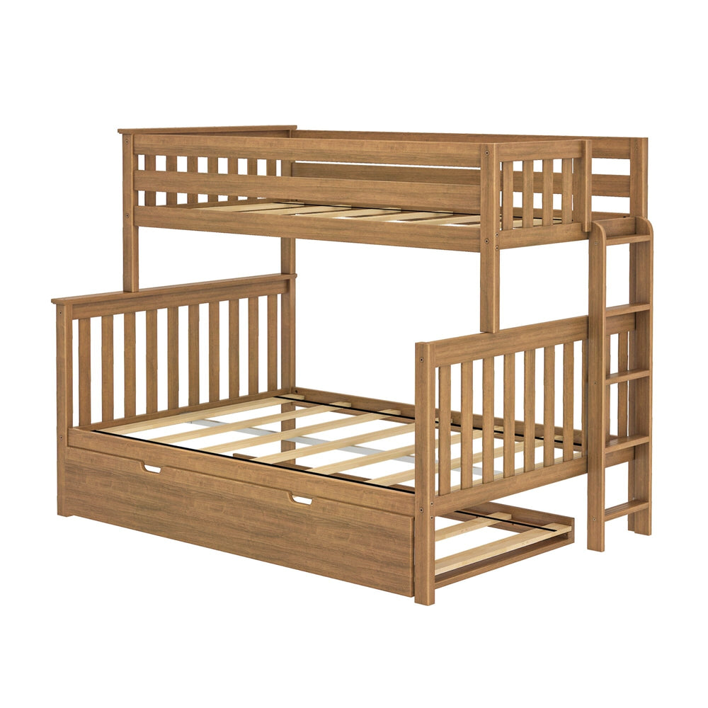 Max and Lily Twin Over Full Bunk Bed With Trundle and Ladder on End in Pecan - studio angle view of the slatted frame with the trundle pulled open showing the slats