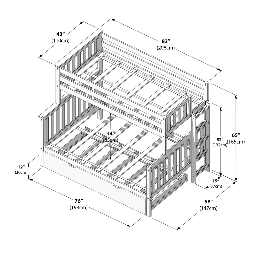 Max and Lily Twin Over Full Bunk Bed With Trundle and Ladder on End in Pecan - dimensions diagram with width, length and height measurements in inches and centimetres