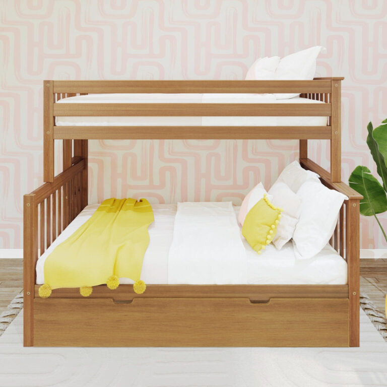 Max and Lily Twin Over Full Bunk Bed With Trundle and Ladder on End in Pecan - front view showing the full lower bed and the upper twin guardrail in a decorated room