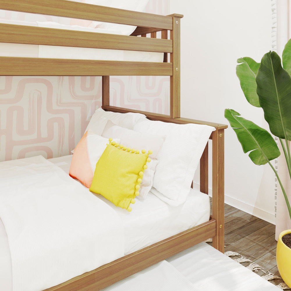 Max and Lily Twin Over Full Bunk Bed With Trundle and Ladder on End in Pecan - close-up of the lower full bed corner with the vertical end guardrail and decorative pillows