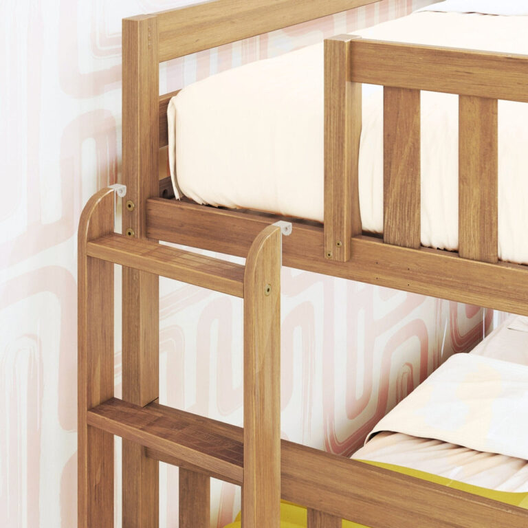 Max and Lily Twin Over Full Bunk Bed With Trundle and Ladder on End in Pecan - close-up of the end ladder hooked to the frame and the upper bunk safety guardrail