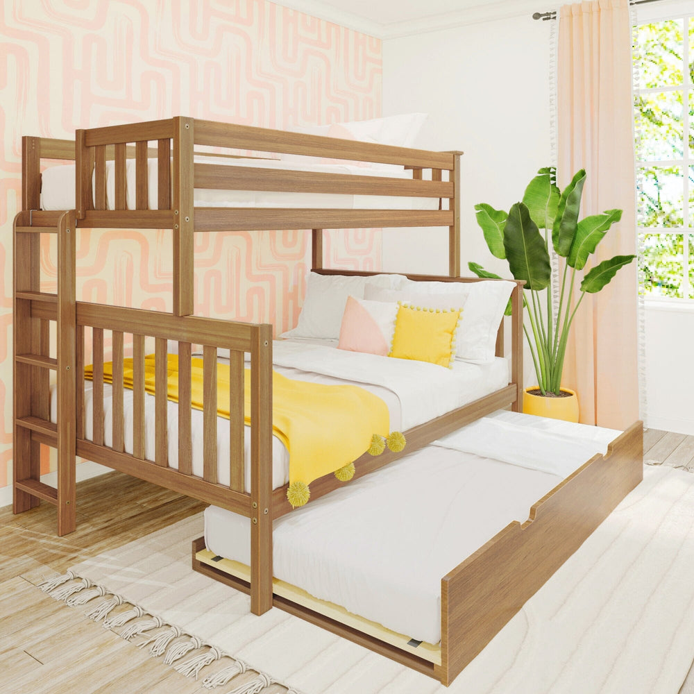 Max and Lily Twin Over Full Bunk Bed With Trundle and Ladder on End in Pecan - styled bedroom scene with the trundle pulled out beside the bunk, rug and curtains
