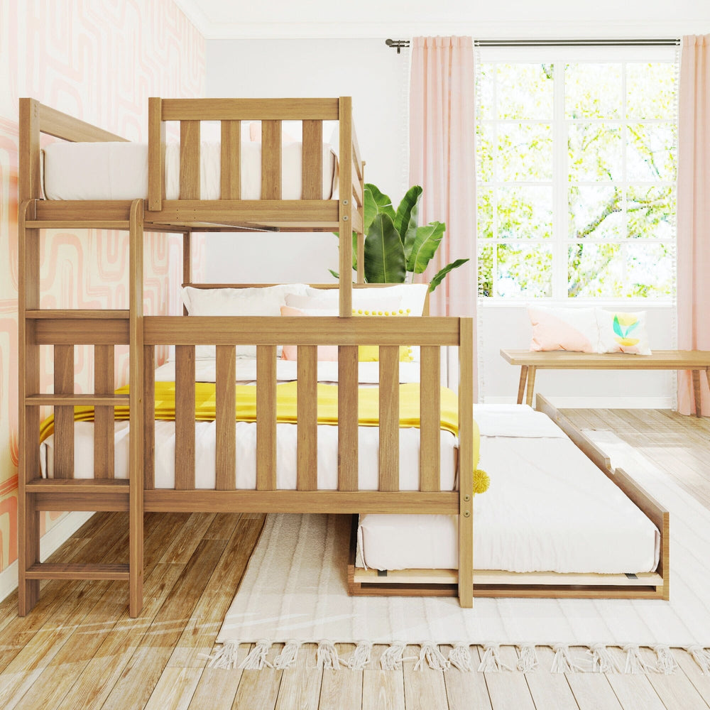 Max and Lily Twin Over Full Bunk Bed With Trundle and Ladder on End in Pecan - full room scene with the trundle extended beside a bright window and bench