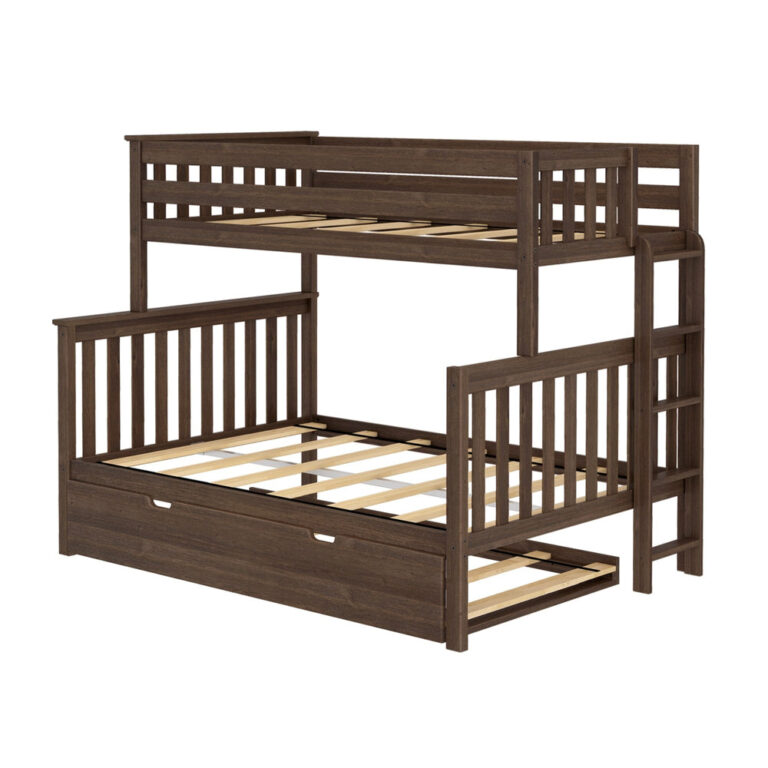 Max and Lily Twin Over Full Bunk Bed With Trundle and Ladder on End in Walnut - angled studio view of the bare frame showing the wooden slats, the end ladder, and the pull-out trundle.