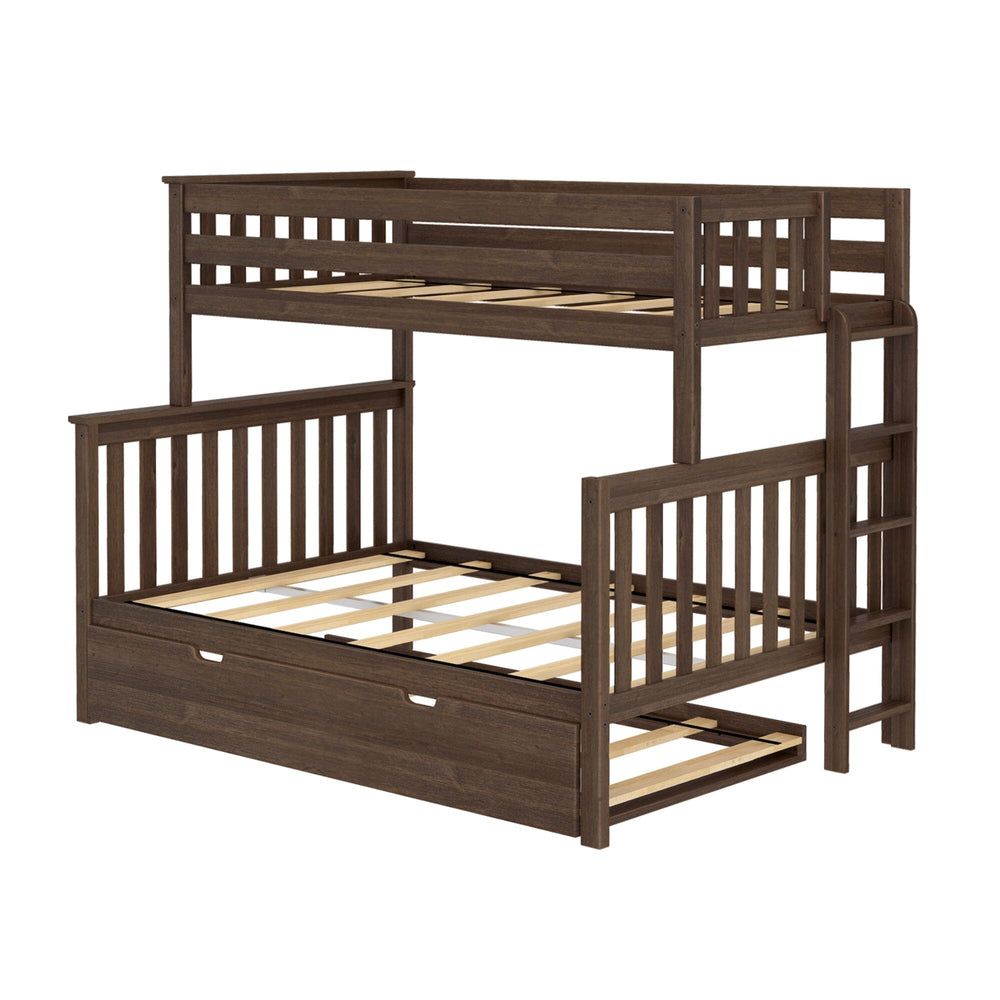 Max and Lily Twin Over Full Bunk Bed With Trundle and Ladder on End in Walnut - angled studio view of the bare frame showing the wooden slats, the end ladder, and the pull-out trundle.