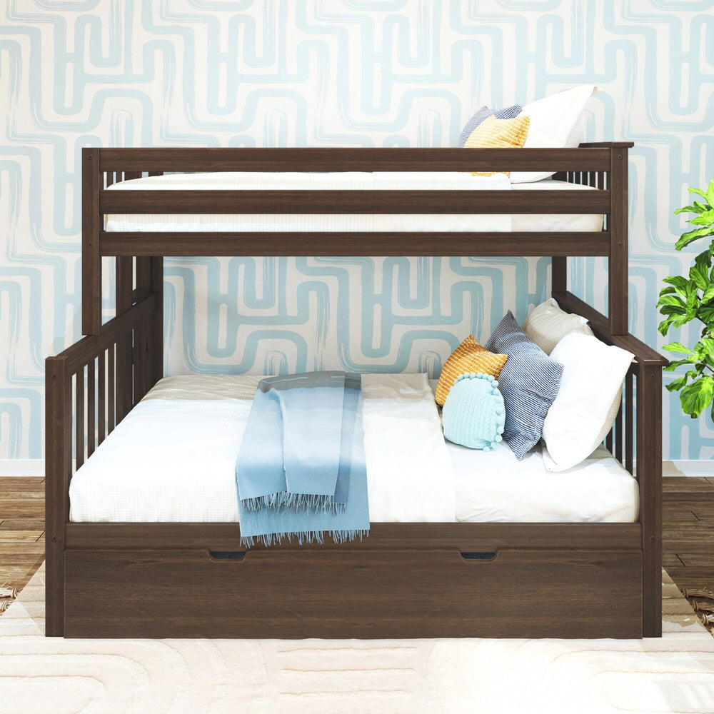 Max and Lily Twin Over Full Bunk Bed With Trundle and Ladder on End in Walnut - front view showing the twin upper bunk over the wider full lower bunk with a closed trundle drawer beneath.