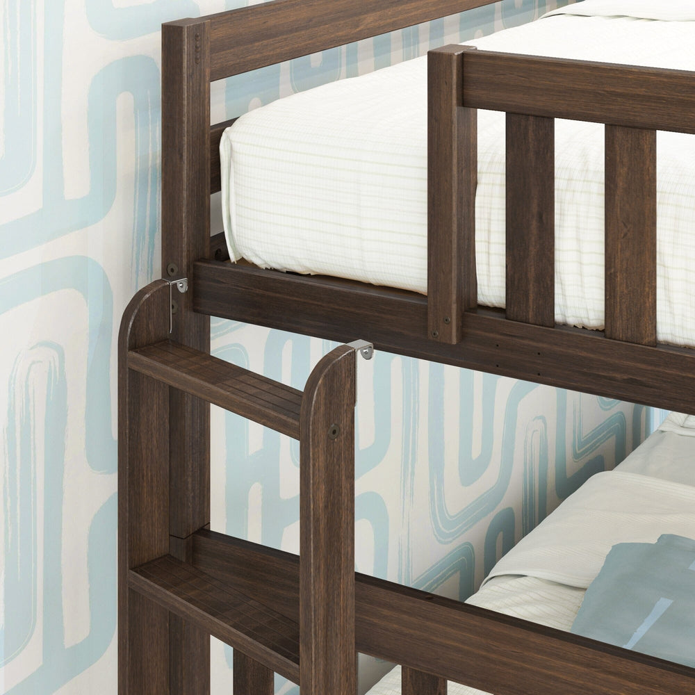 Max and Lily Twin Over Full Bunk Bed With Trundle and Ladder on End in Walnut - close-up of the ladder hooked onto the frame beside the upper bunk guardrail.