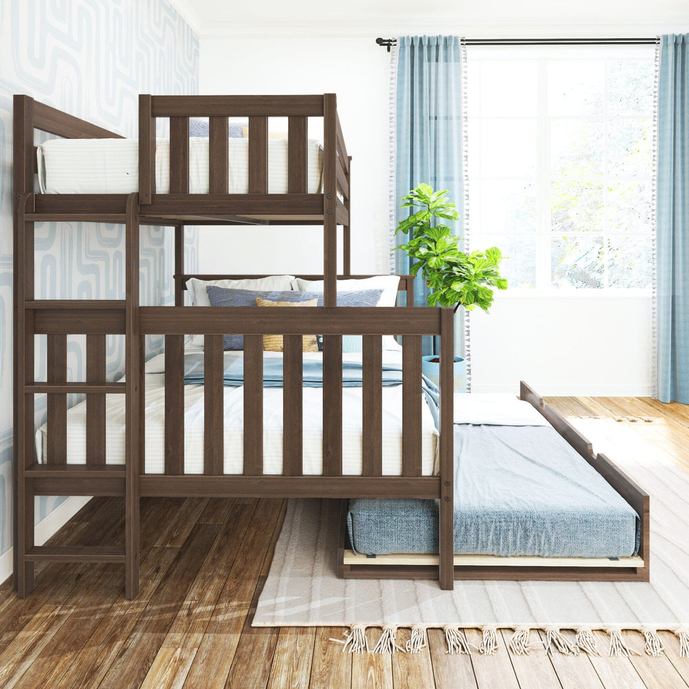 Max and Lily Twin Over Full Bunk Bed With Trundle and Ladder on End in Walnut - side view in a bright bedroom with the trundle bed extended on the floor and windows behind.