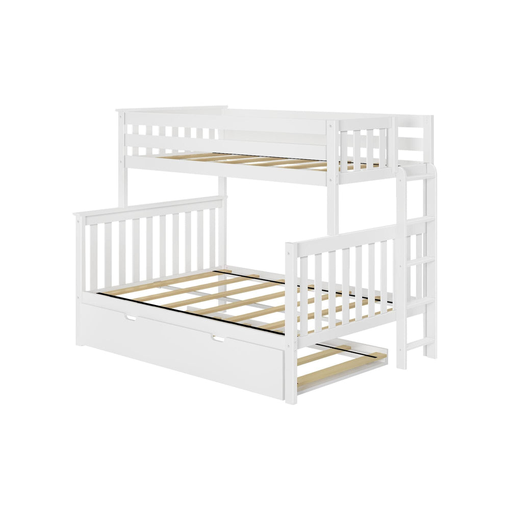Max and Lily Twin Over Full Bunk Bed With Trundle and Ladder on End in White - angled product view on a white background showing the slatted frame and end ladder