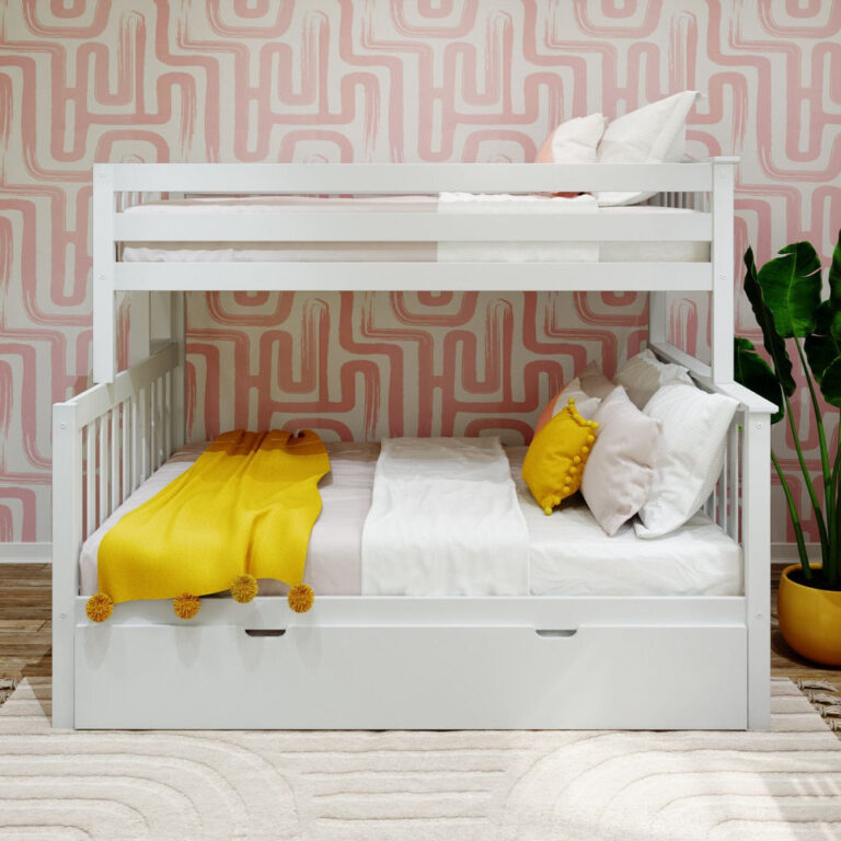Max and Lily Twin Over Full Bunk Bed With Trundle and Ladder on End in White - front view with decorative pillows and a yellow throw, trundle closed underneath