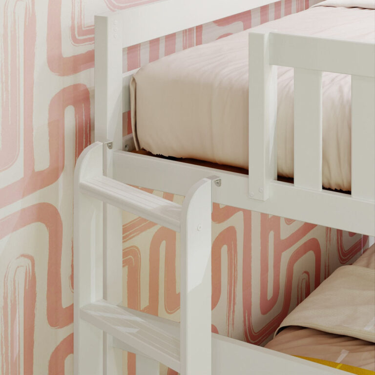Max and Lily Twin Over Full Bunk Bed With Trundle and Ladder on End in White - close-up of the end ladder and safety guardrail on the upper bunk