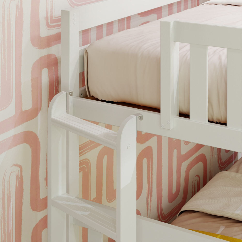 Max and Lily Twin Over Full Bunk Bed With Trundle and Ladder on End in White - close-up of the end ladder and safety guardrail on the upper bunk